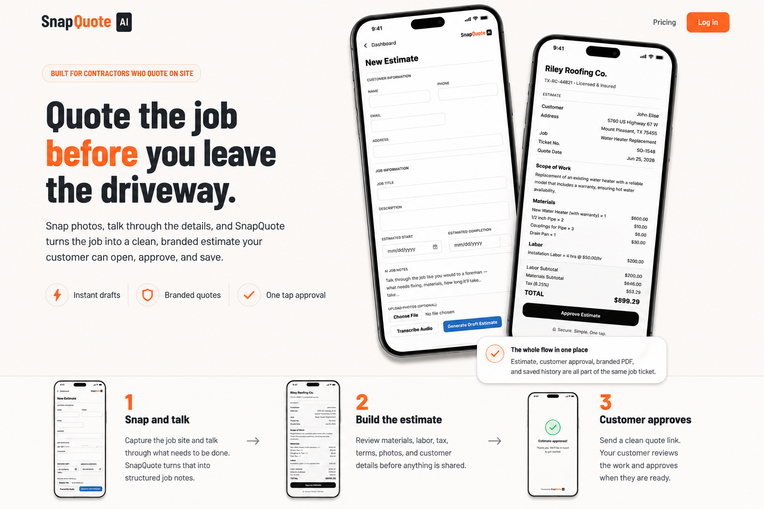 SnapQuote AI landing page preview showing estimate creation, customer quote approval, and the three-step workflow.